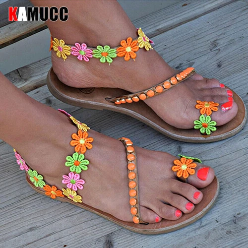 Sommer Boho Pearl Sandalen Damen Strand Sand Urlaub Schuhe Leder flach Übergröße - Bild 9 von 23