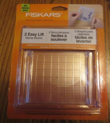 NIP  Fiskars 2 Easy Lift Stamp Blocks 3x3''  & 4x5'' Handles Keep fingers clean-