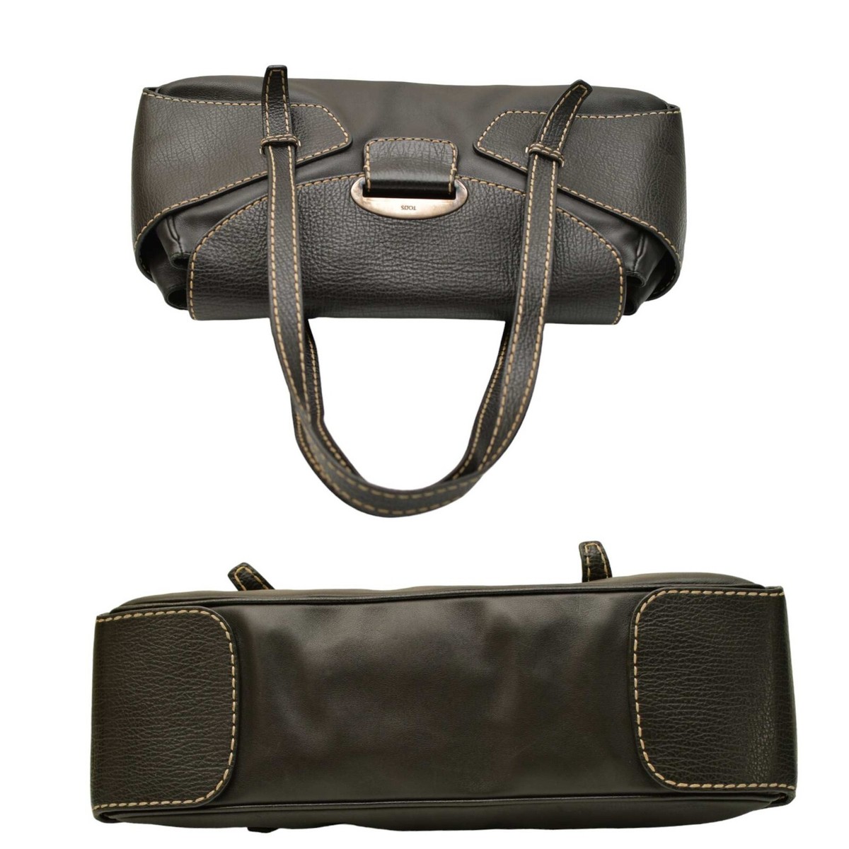 【関税&送料込み】Tod'S Black Leather Satchel Tod's Black Leather Contrast stitching Flap Top Satchel