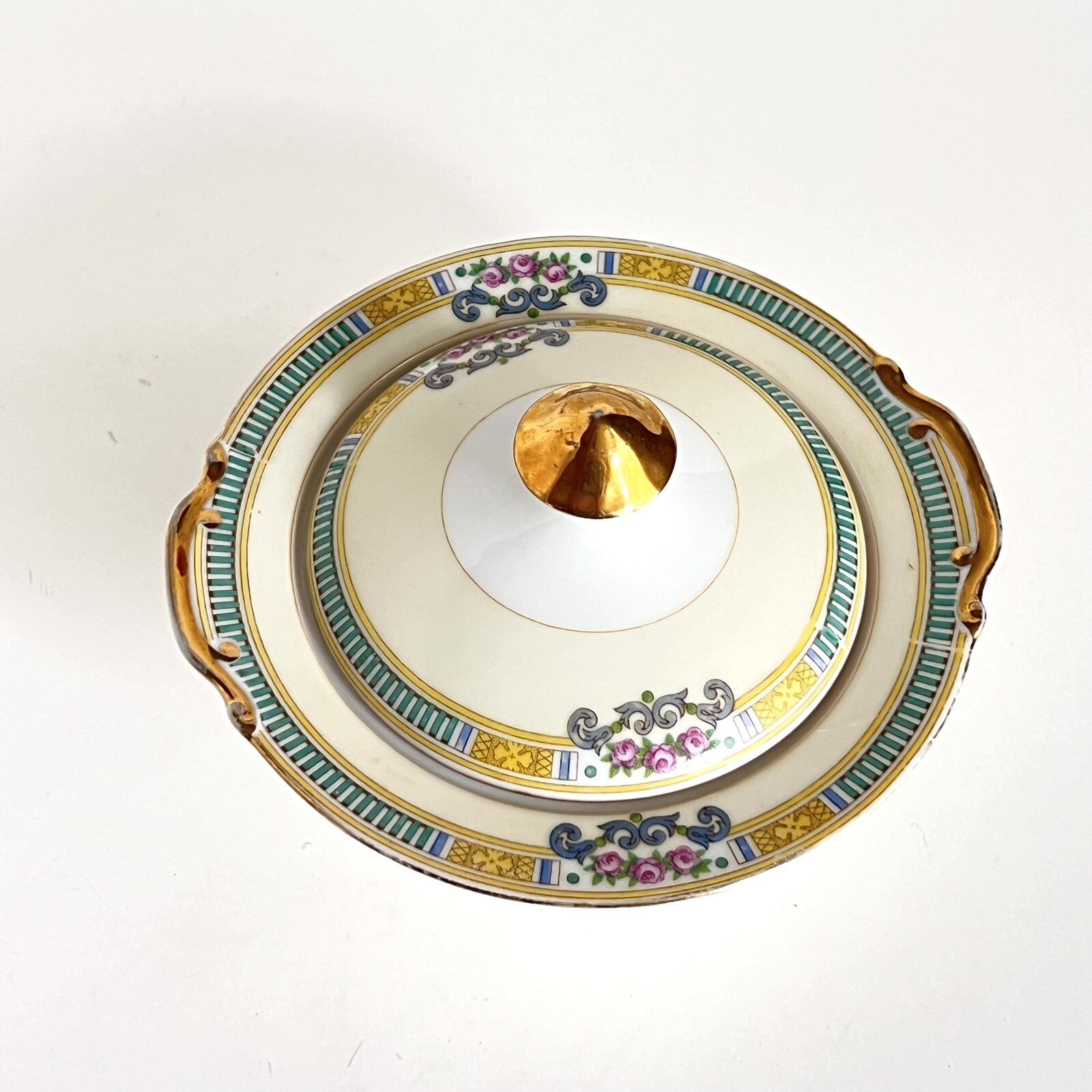 Japan Porcelain China Gold Green Pink Yellow Cream Sugar With Lid Art Deco