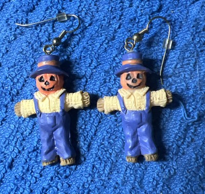 Orange Blue Yellow Enamel Pumpkin Scarecrow Drop Dangle Fall Halloween Earrings