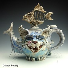 Cat and Fish Teapot Pottery Sculpture - Face jug folk art maker Mitchell Grafton