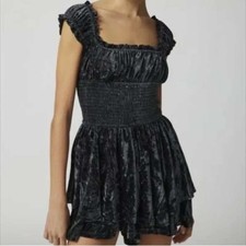 Urban Outfitters - Black Velvet Smocked Waist Mini Romper, Size M