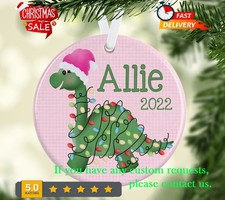 Personalized Kids Dinosaur Ornament-Pink Dinosaur with Christmas Lights- Cute...