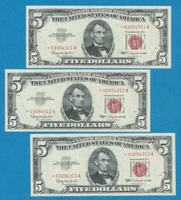 3-$5.00  CONSECUTIVE 1963 STAR  LEGAL TENDER RED SEALS GEM NEW