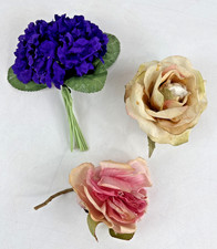 3 Vintage Millinery Hat Flowers Silk Fabric Wired Leaves Purple Pink Cream