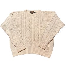 Eddie Bauer Chunky Cable Knit Fisherman Sweater Sz L Cream Color 100 Cotton