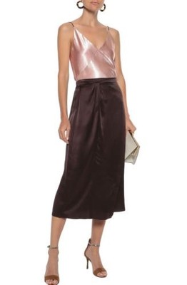 VINCE sz M Dark Brown Twist Front Wrap-Effect Satin Midi Skirt
