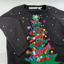 Vintage 1995 Michael Simon Women's Christmas Tree Beaded Sequin Cardigan L