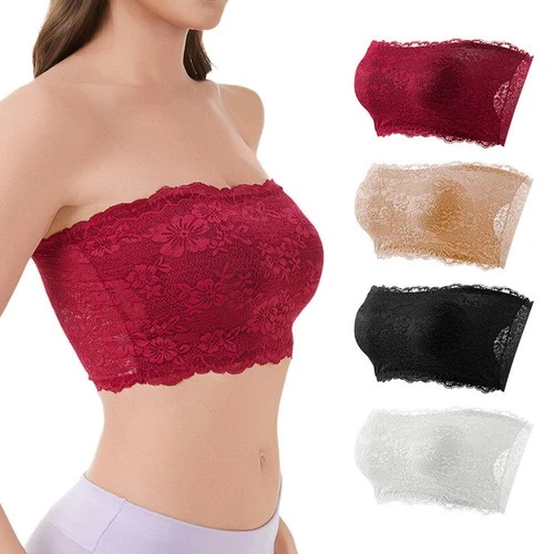 Women Padded Tube Top Bra Lace Seamless Strapless Bralette Stretch Summer