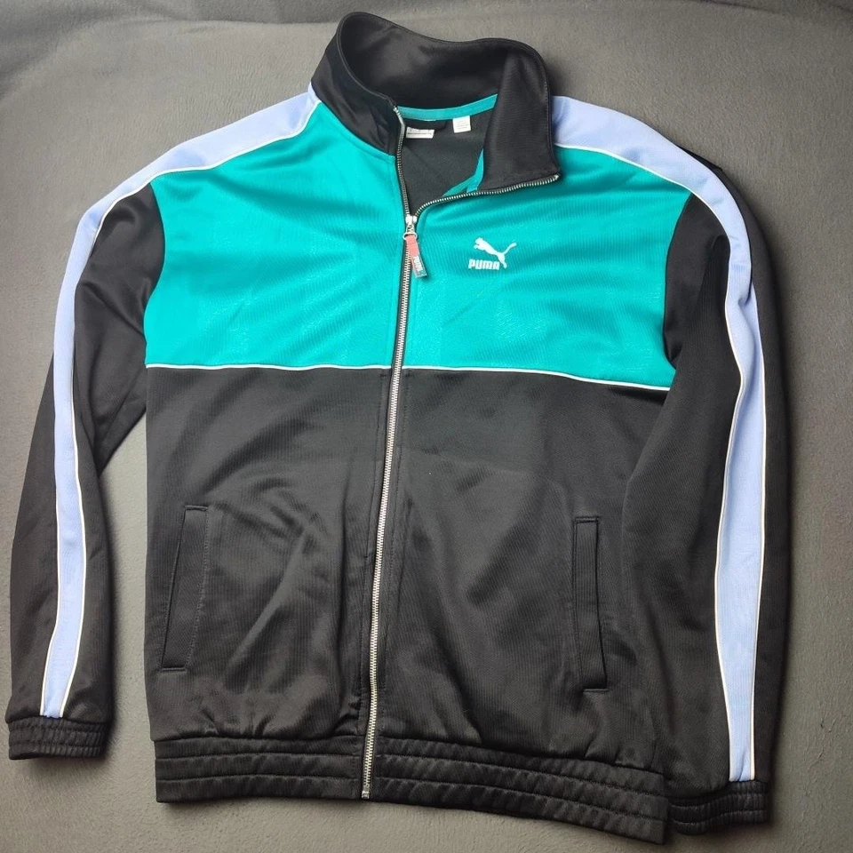 Chaqueta deportiva Puma para hombre mediana negra azul verdoso cremallera completa bloques de colores manga a rayas Foto 2 de 4