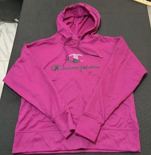 Champion Hoodie Womens Med Fuchsia Fleece Logo Pullover Thumbhole Cuffs Athletic