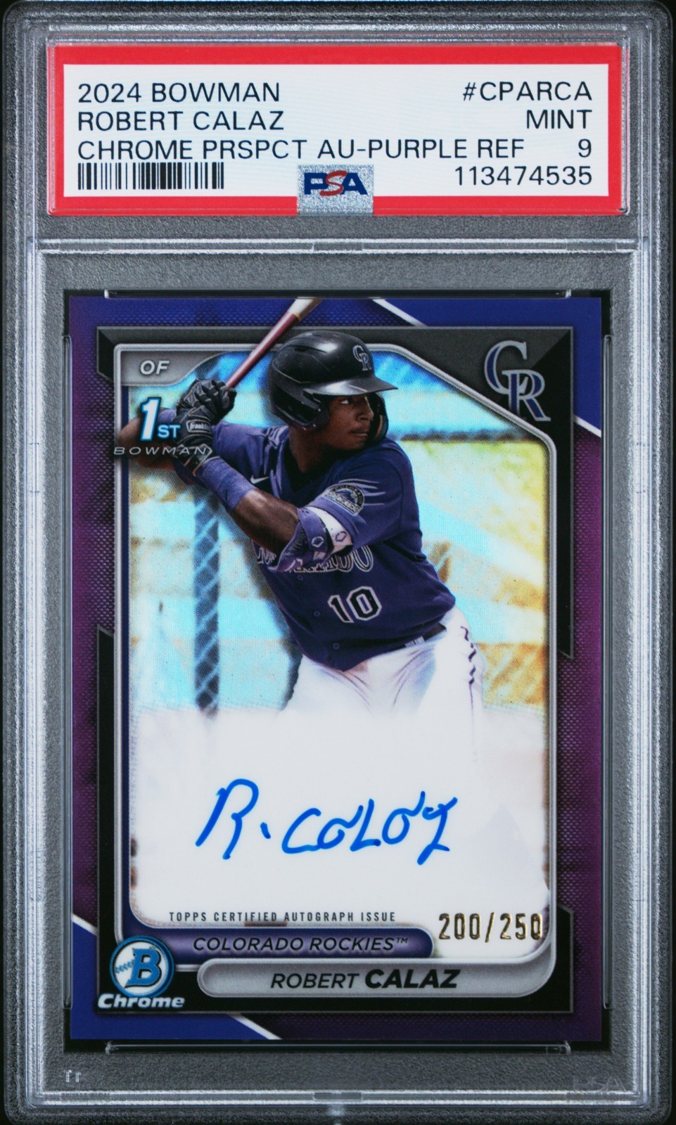 2024 Bowman Chrome Robert Calaz 1st Purple Refractor Auto /250 PSA 9 Color Match