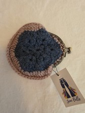 Handmade Crochet Coin Purse Blue Pink with Metal Clasp boiled wool