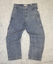 PacSun Men s Baggy Blue Denim Cargo Jeans Medium Wash Cotton Pocket Logo