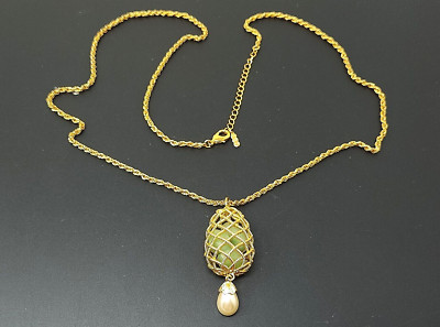Vintage Camrose Kross JBK Jackie Kennedy Pearl Gold Cage Green Jade Necklace 32''