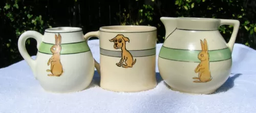 ROSEVILLE POTTERY JUVENILE CUP AND TWO PITCHERS AS FOUND