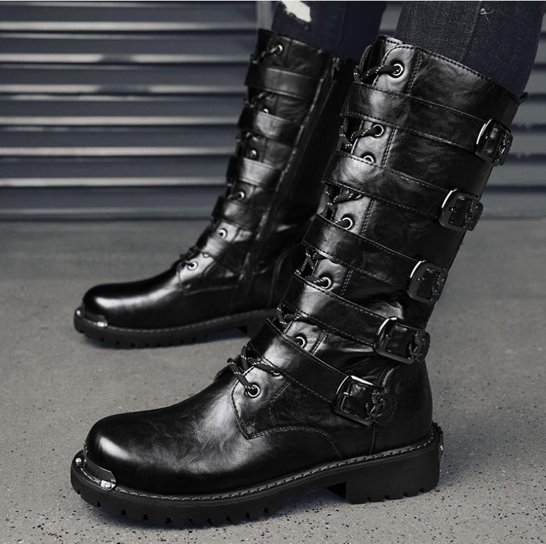 Knee High Boots Calf Outdoor Buckles Round Toe Lace Up Shoes Punk Motorcycle