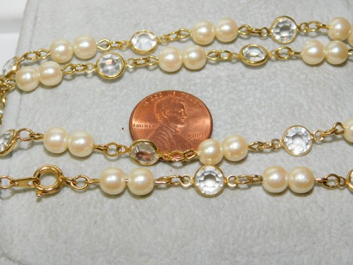 Oro Lunetta Cristallo Bianco Simil Perla Perlina Color con Filo 30 " Collana 2j - Foto 2 di 3