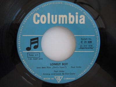 PAUL ANKA LONELY BOY / LATE LAST NIGHT COLUMBIA C 21 228 VINYL Singel 7'' 1959