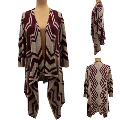 Crystal Kobe Waterfall Open Knit Duster Cardigan Zig Zag Tan Burgundy Small