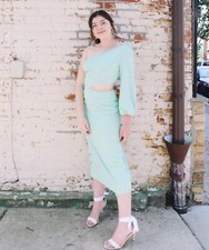 URBAN OUTFITTERS ASYMMETRIC CUT-OUT MIDI DRESS - SPECKLED MINT GREEN - SMALL