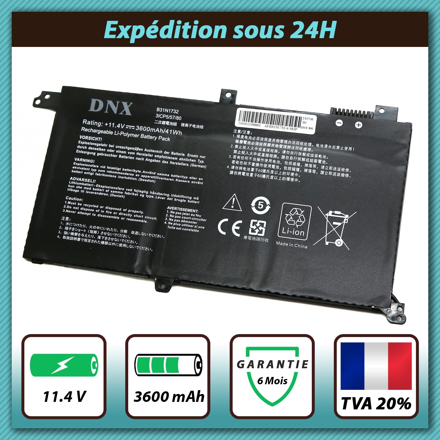 Batterie Asus VivoBook S14 X430UF K430FA remplacement B31N1732 11.4V 3600mAh