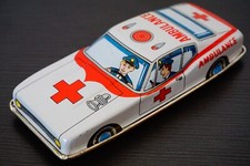 Vintage 1960s Tin LITHO White and Red Ambulance Toy Car - Made in Japan