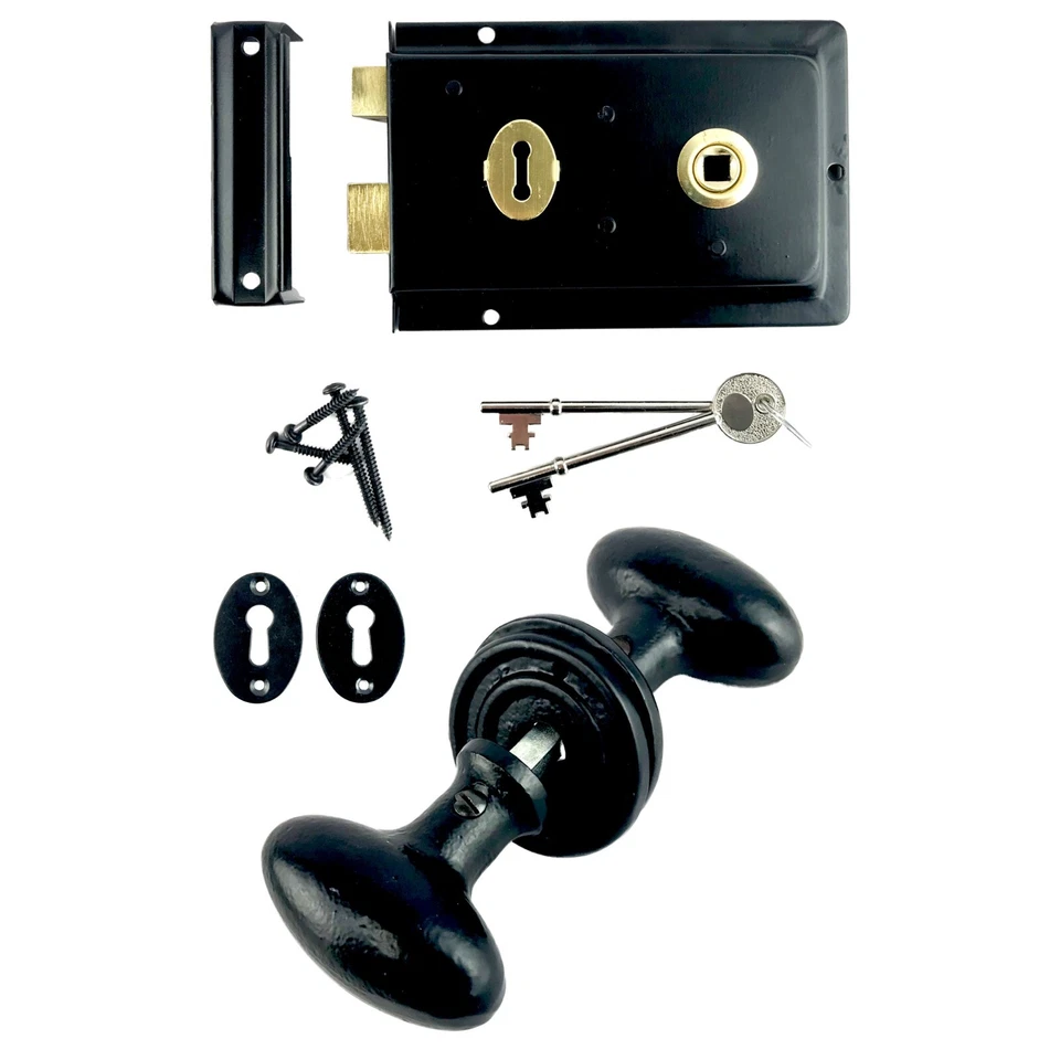 Rim Lock Ball Oval Octagonal Black Cast Iron Door Knobs Traditional Cottage Set - Image 4 of 4