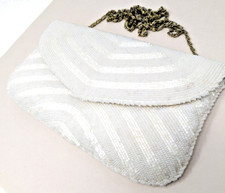 DELILL White Seed Beaded Envelope Evening Bag Clutch VTG 60s Satin Lined Chain