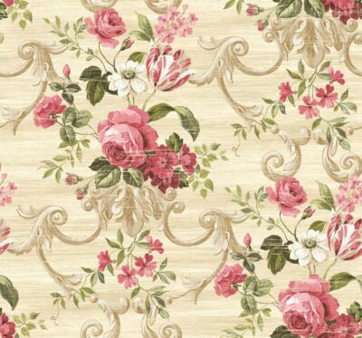 Wallpaper Large Pink Red Green Floral Scroll on Beige Cream Faux, 60 sq ft bolt