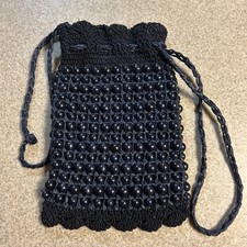 Hand made Italy Black beaded Straw Draw String hand bag purse