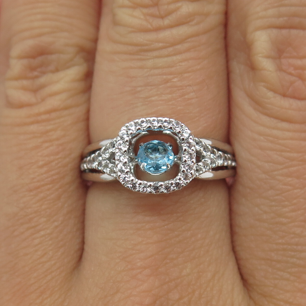 SAI 925 Sterling Silver Real White & Blue Topaz Gemstone Ring Size