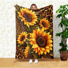 Sunflowers Green Leaves Leopard Coral Fleece Blanket