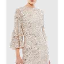 Mac Duggal 10802 Nude Sequin Tiered Bell Sleeve Midi Dress Sheath Jewel Neck 24