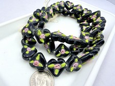 48 Pcs Lampwork Glass Black Heart Beads Pink Rose 14mm Jewelry Artisan NOS G