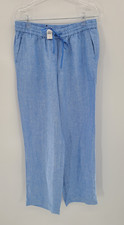 Talbots 100 Linen Pull On Womens Pants Small Blue Pockets Tie Elastic Waist NWT