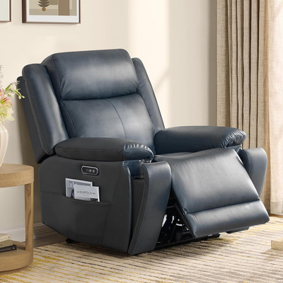 Power Leather Recliner Chair with USB Ports - Navy, Dual Motor, Adjustable