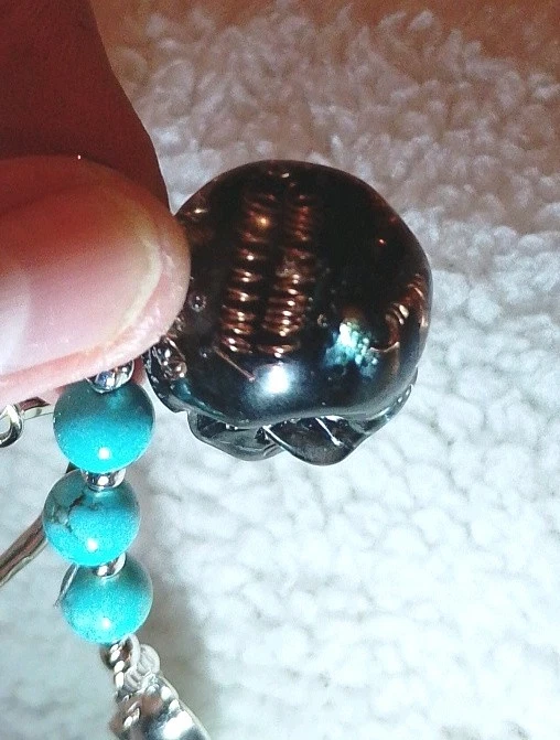 Vivianite Inside Handmade Skull . Keyring With Copper Coils And Turquoise Dangle - Image 3 of 4