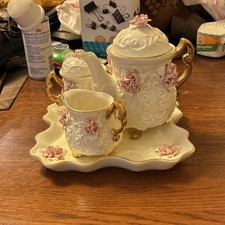 Cracker Barrel Ivory Pink Floral Ceramic Tea Set with Tray