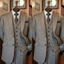 3 Pcs Vintage Wool Men's Tweed Suits Herringbone Tuxedos Business Blazers Vest