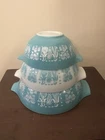 Pyrex Butterprint Amish Cinderella Mixing Bowls Vtg Set of 3 Teal/White