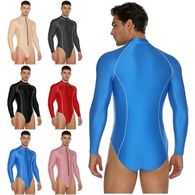 Männer Unitard Seidig Body Sissy Jumpsuit Form Strampler Langarm Ein Stück Öl - Bild 1 von 4