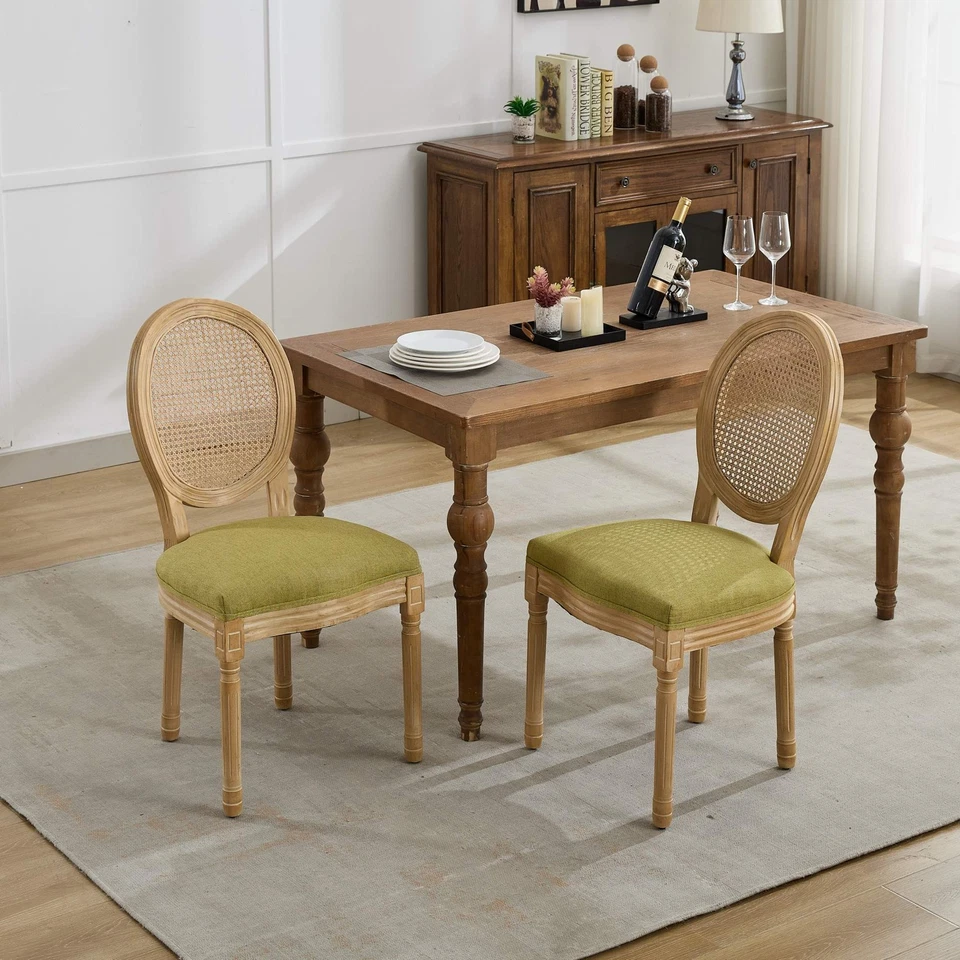 Silla de comedor estilo francés de madera maciza antigua tela de lino con respaldo de ratán, juego de 2 Foto 4 de 4