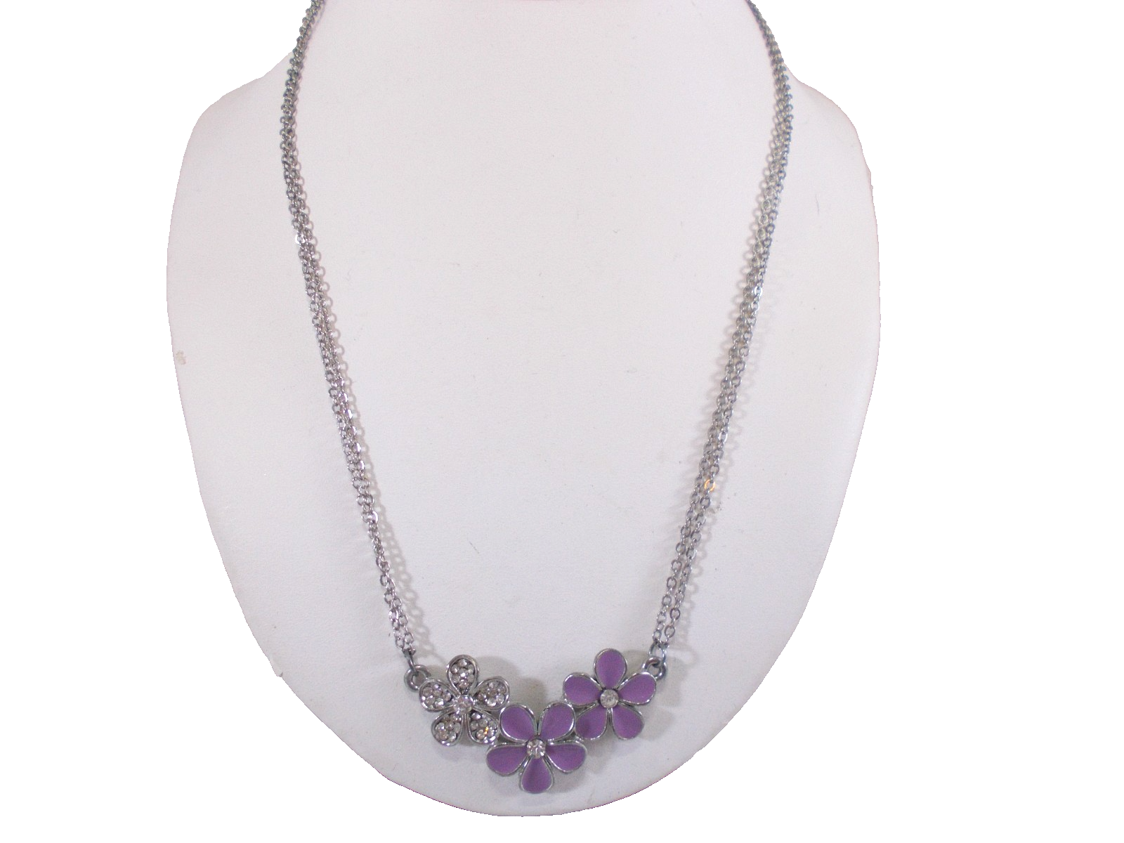 Silver Rhinestone & Purple Enamel Triple Flower Double Chain Necklace with Free Shipping