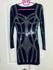 Black Silver Rhinestone Long Sleeve Bodycon Party Dress Round Neck Size S