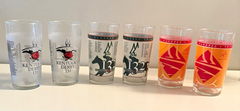 Set of six Kentucky Derby mint Jewel glasses 2 each - 2005 2006 2007 pristine