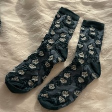 Women Blue White Floral Crew Socks Mid Calf Cotton Full Toe One Size 1 Pair