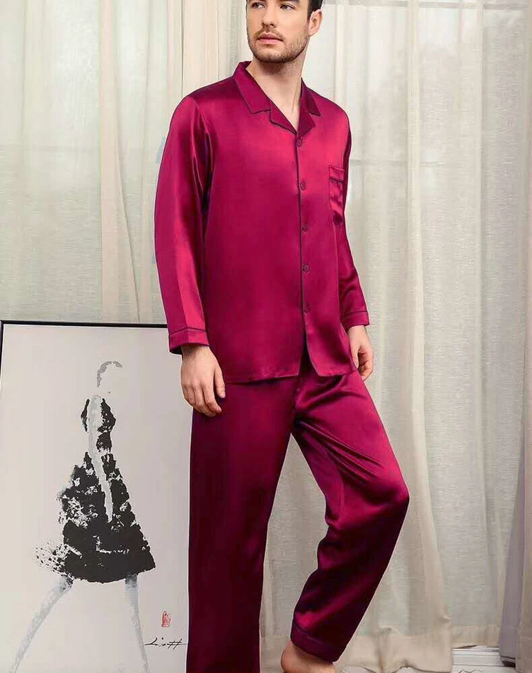 Men's 25MM 100% Pure Mulberry Silk Pajamas Set Long Sleeves Silk Sleepwear S~XXL - Image 3 of 4