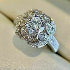 Real Moissanite 2Ct Round Art Deco Engagement Ring 14K White Gold Plated Silver
